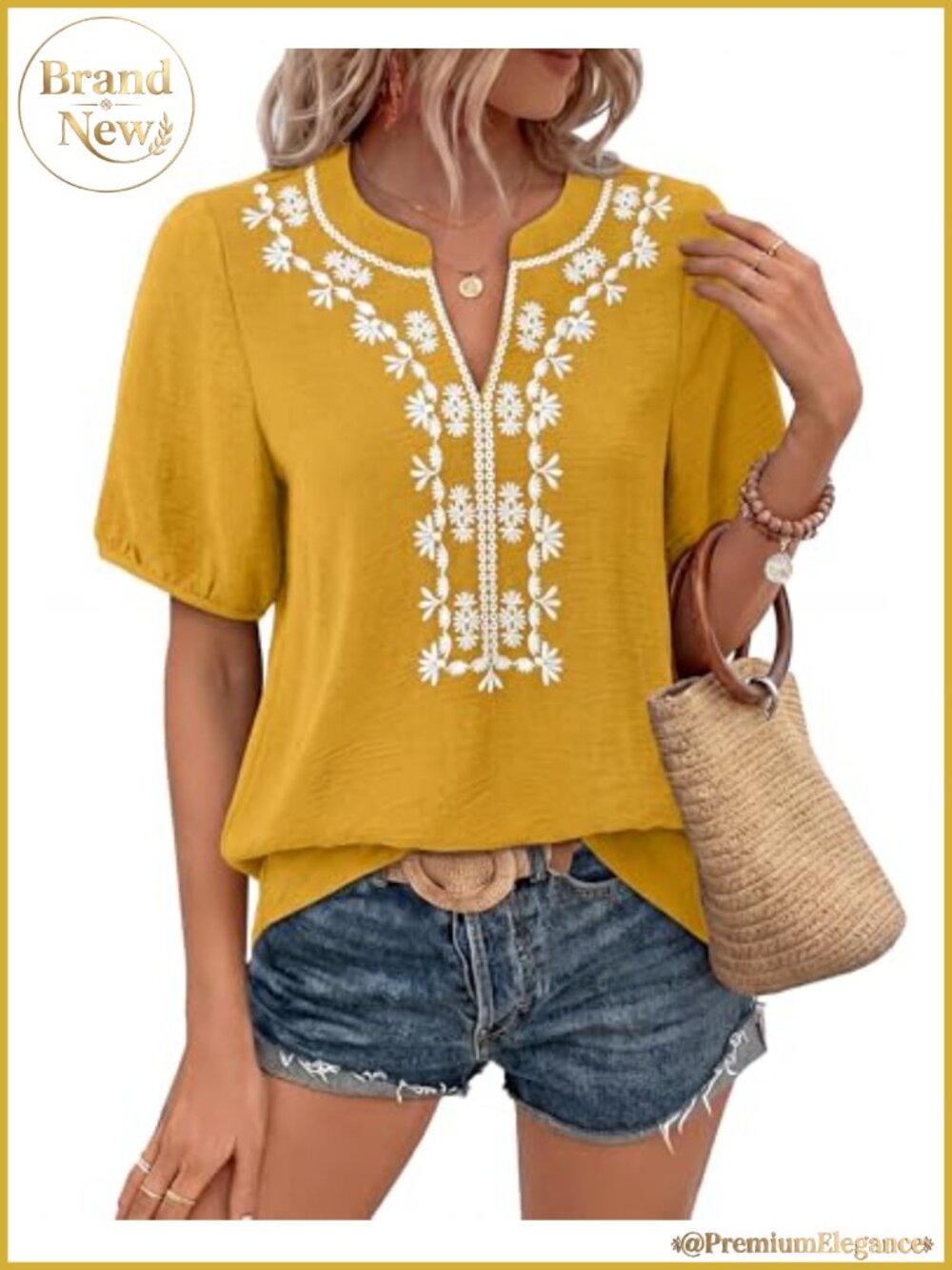 Women's Boho Embroidered Floral V-Neck Short Sleeve Blouse Loose Fit Vacation